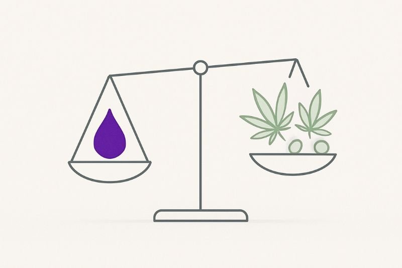 Balanced scale comparing oil drop and cannabis leaves, symbolising THCP vs THCA differences.