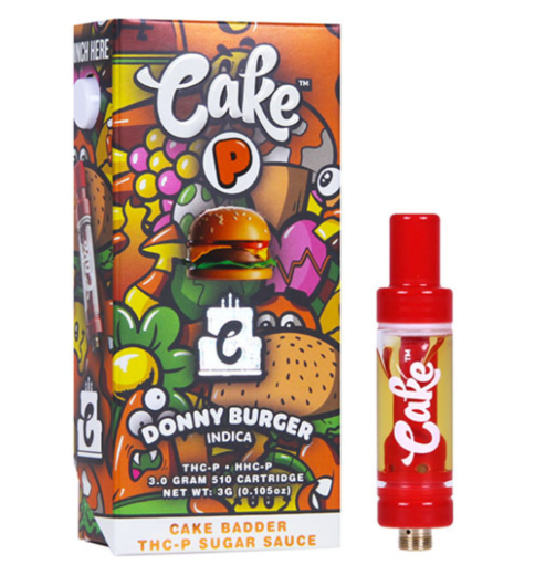 Colorful packaging with a cannabis product cartridge labeled "Donny Burger" Indica flavor.