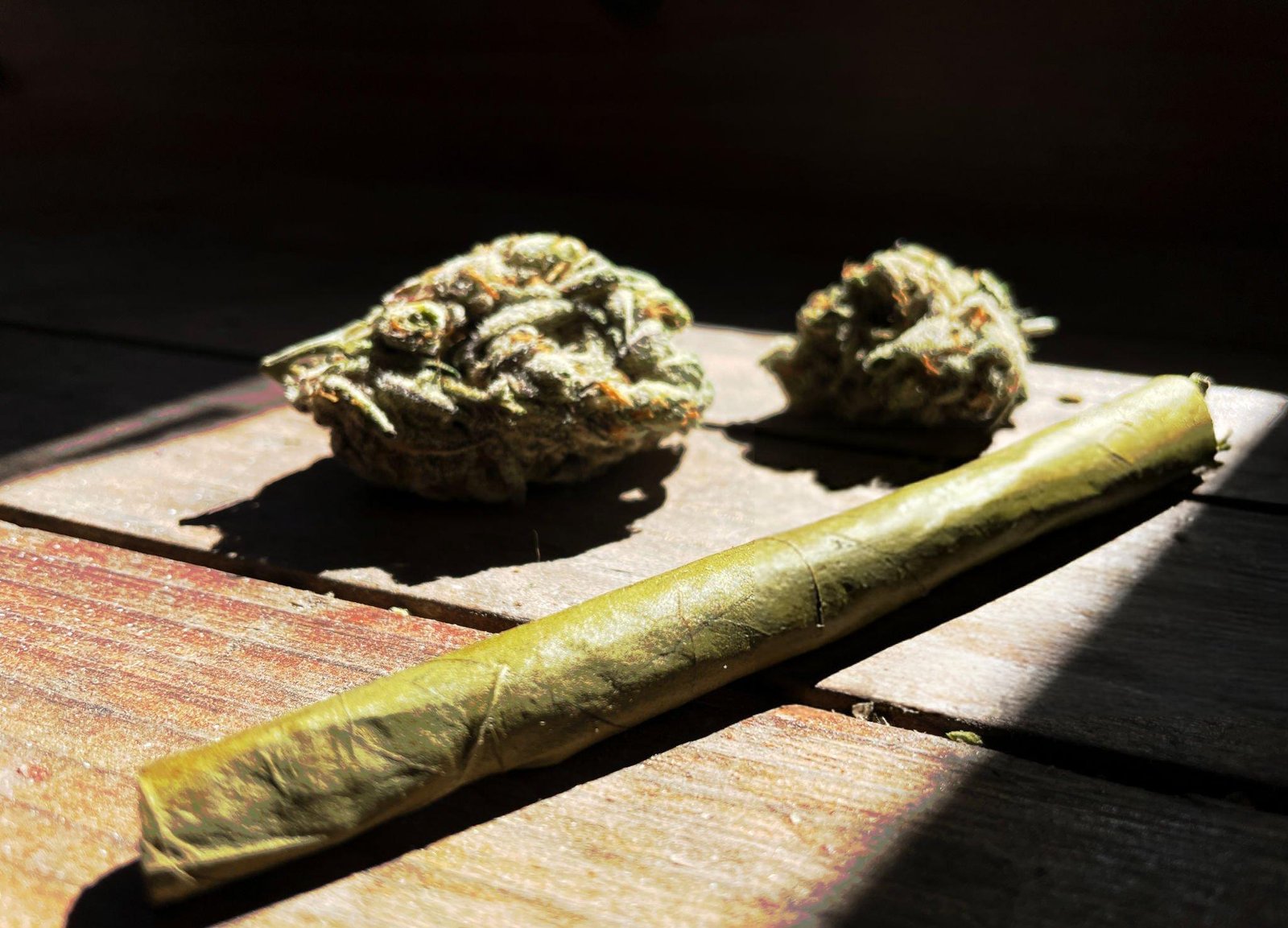 Two clusters of cannabis buds beside a rolled cigar on a wooden surface, illuminated by sunlight.