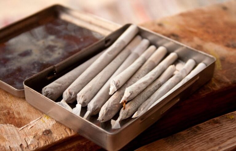 A metal tin contains several neatly rolled, pre-made joints on a wooden surface.